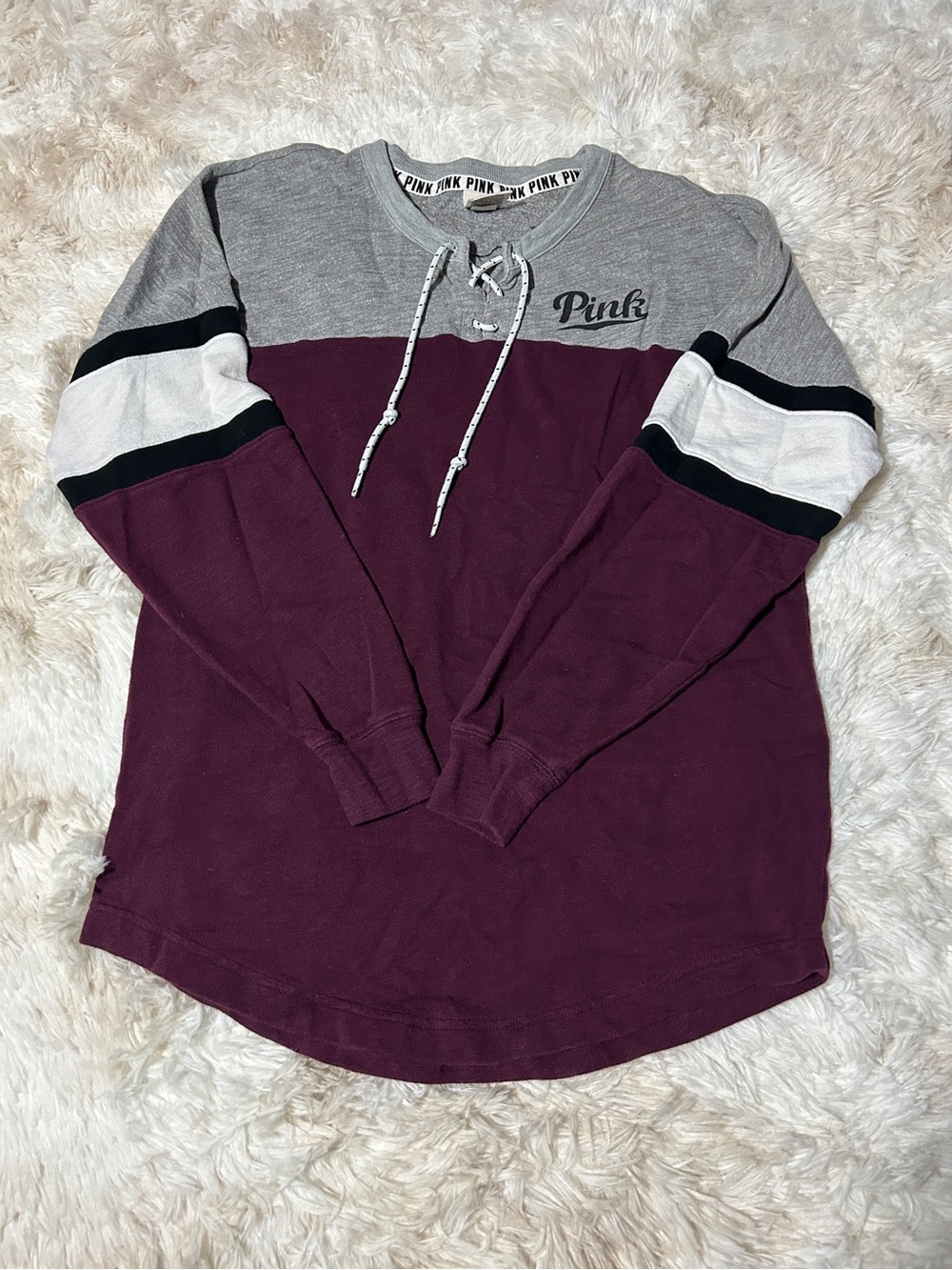 PINK Victoria's Secret Plum, Gray & Black Lace-Up Colorblock Pullover